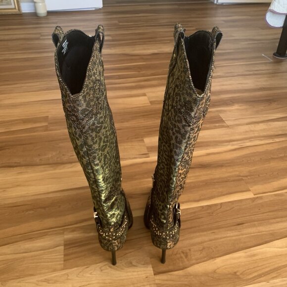 Jessica Simpson Animal Print Fabric Kenzin Tall Boots Size 10M Embellished - Picture 4 of 15